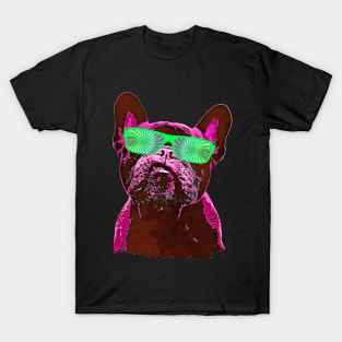 French bulldog 80s style neon with green psychelic glasses vivid purplish-red color T-Shirt